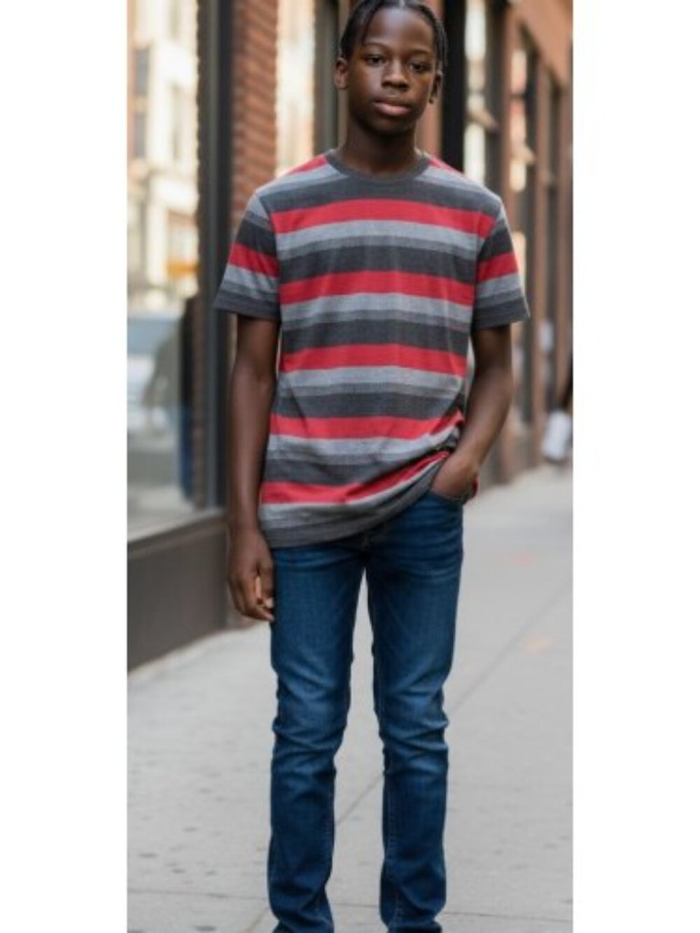 POINT ZERO Gray and Red Striped Short Sleeved Top Boys XL Size 14-16